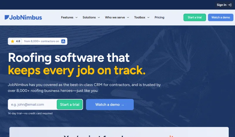 JobNimbus homepage screenshot